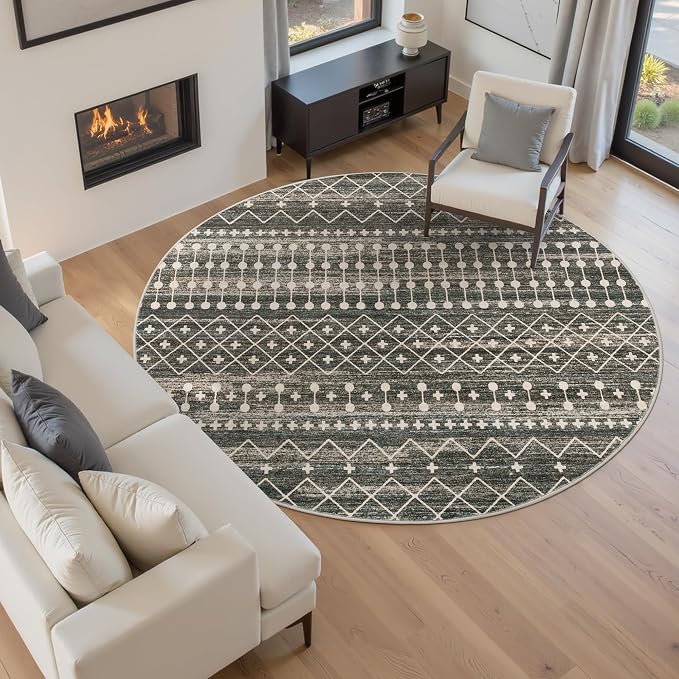 Miukiki Round Rugs 6ft for Living Room Moroccan Washable Circle Rug Black | Non Slip Indoor Floor Carpet Foldable Area Rug for Dining Room with Low Pile 6ft