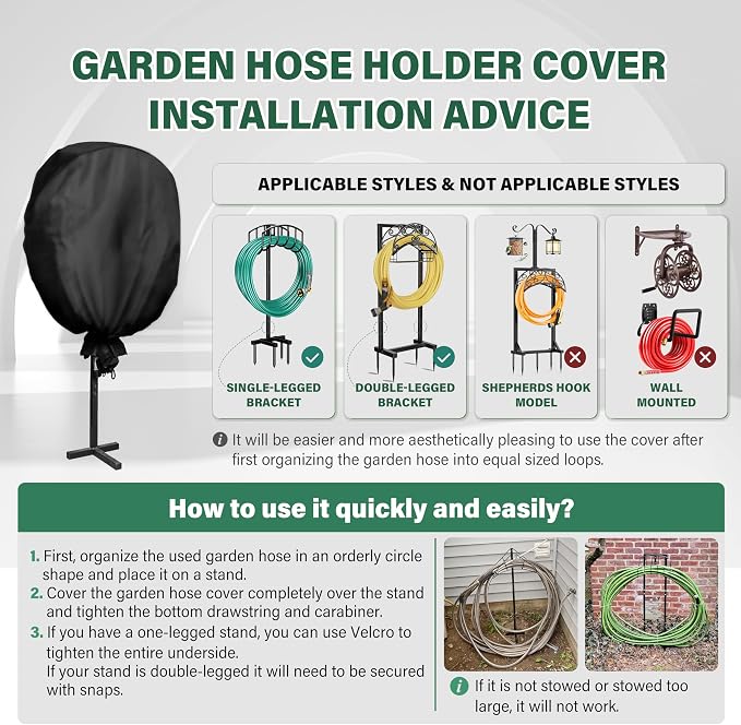 Garden Hose Holder Cover , Extends Hose & Hose Holder Lifespan,Weatherproof Protection Against Rain, Sun & Snow – Universal Fit for Hose Hangers (Black Cover Only)