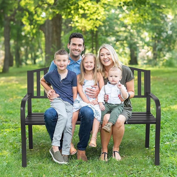50" Outdoor Garden Bench, Iron Metal Frame Patio Bench with Backrest and Armrests, Weatherproof Anti-Rust Outdoor Bench for Front Porch, Park, Yard, Patio (402-32BK)