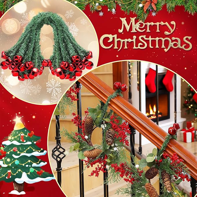 25 Pcs 20 Inches Christmas Garland Ties with Bells Decorative Twist Ties Garland Hanger for Banister Stairs Railing Reusable Flexible Twist for Xmas Holiday Decorations (Red)