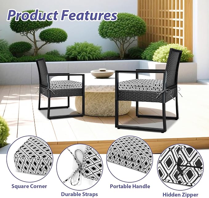IPYNBAP Outdoor Chair Cushions Set of 4 -Waterproof Outdoor Seat Cushions for Patio Furniture, Patio Chair Cushion with Handle and Ties, Out Door Chair Pads,17x16x2-Square, Black Geometry
