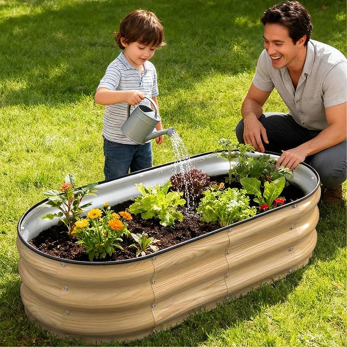 4x2x1FT Galvanized Raised Garden Beds,Raised Garden Bed with Safety Edging and Gloves,Oval Metal Planter Box for Gardening Vegetables Flowers Herb-Natural Oak