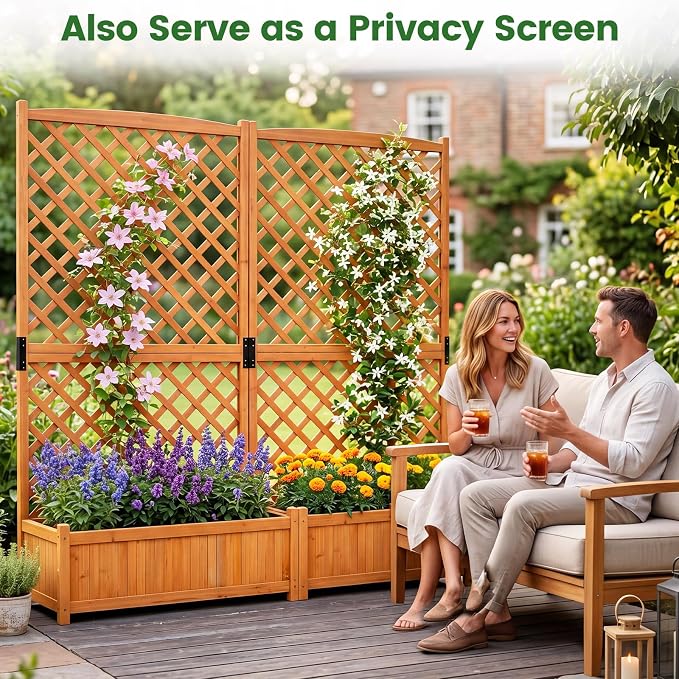 Giantex 2 Pcs Raised Garden Bed with Trellis, 71" Wooden Elevated Planter Box, High Trellis for Plant Flower Climbing Pot Hanging, Indoor & Outdoor Planter Box for Yard, Garden, Balcony