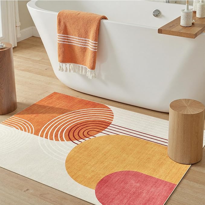 DCX Abstract Washable 2x3 Rug, Non Slip Low Pile Rug, Orange & Yellow | Rugs for entryway, bedroom, dining room, office, soft, mid century modern rug, sain resistant indoor carpet, home decor