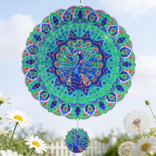 Peacock Wind Spinners Outdoor for Mother's Day, IDEA SHOW 12In Stainless Steel Wind Spinners, 3D Kinetic Hanging Sculpture, Rustproof Metal Garden Decor Ornaments for Yard Art, Women, Men, Holidays