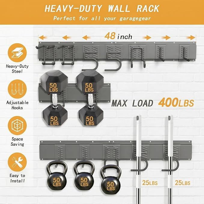 CBWLWJ Garage Tool Organizer Wall Mount, 48 inch Garage Wall Organizer, 400lbs Sturdy Garden Tool Organizer with 7 Adjustable Hooks, for Yard, Shed, Basement, Workshop(Black)