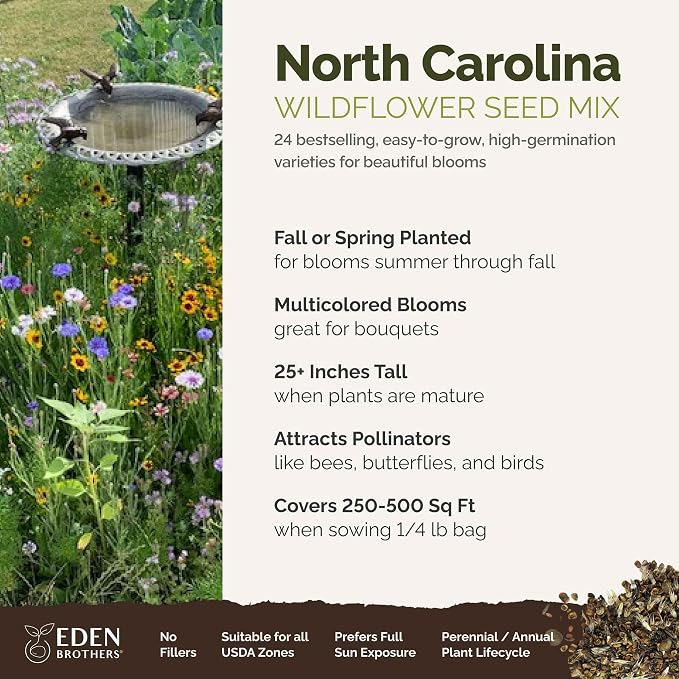 Eden Brothers North Carolina Wildflower Mixed Seeds for Planting, 1/4 lb, 120,000+ Seeds with Cornflower, African Daisy | Attracts Pollinators, Plant in Spring or Fall, Zones 3, 4, 5, 6, 7, 8, 9, 10