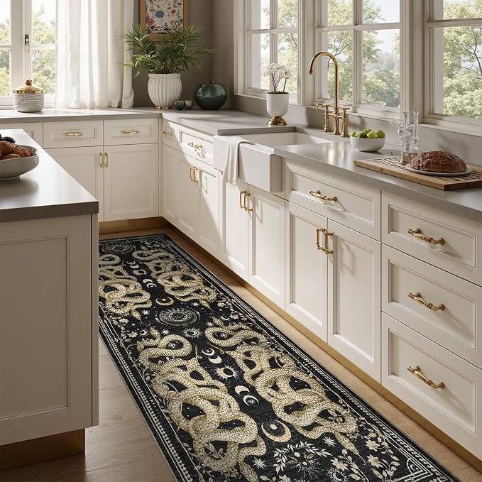 DCX 2x6 Washable Snake Rug for Living Room, Non Slip Low Pile Rug, Black | Rugs for entryway, kitchen, dining room, office, soft, kid & pet friendly, sain resistant indoor carpet, home decor