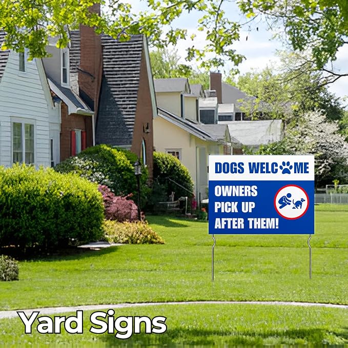 Dogs Welcome – Owners, Pick Up After Them! Yard Sign by DC | 24"x18" Double Sided Pets Garden Sign with 13” Metal Stakes | Outdoor Signs Waterproof for Lawn, Patio, Sidewalk & House | Set of 3