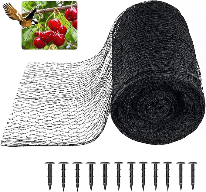 Bird Netting 3/8 Inch Mesh, 20 x 30 FT, HDPE, Rip-Resistant, Black | Tight diamond woven mesh blocks small birds | Allows bees & pollinators through | UV-stabilized | Stakes & ties included