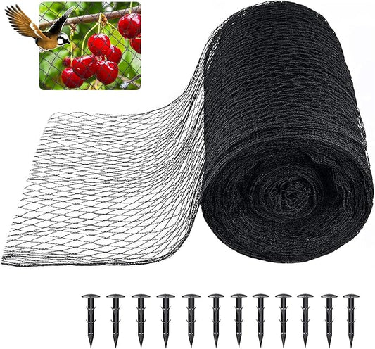 Bird Netting 3/8 Inch Mesh, 20 x 30 FT, HDPE, Rip-Resistant, Black | Tight diamond woven mesh blocks small birds | Allows bees & pollinators through | UV-stabilized | Stakes & ties included