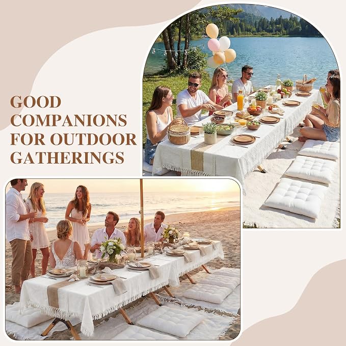 Novabright Picnic Kit Folding Picnic Table Extra Large Outdoor Boho Blanket Beige Table Runner Floor Pillow Covers Woven Cotton Oversize Washable for Camp Wedding(Cream White,Floor Cushions,20 Pcs)