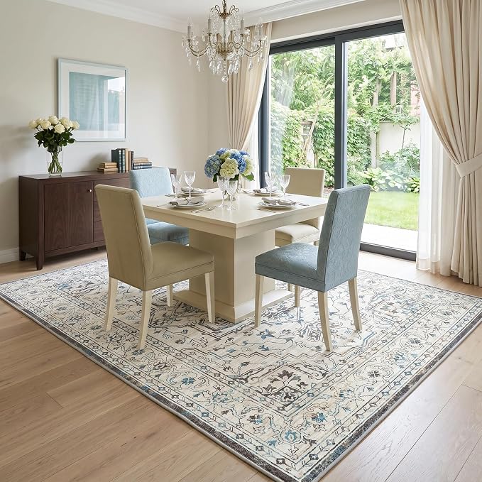 Vintage Washable Area Rug 5x7, Non-Slip Low-Pile Elegant Persian Carpet for Living Room Bedroom Office Dining Room, Stain Resistant Traditional Indoor Rug, Neutral Cream Blue