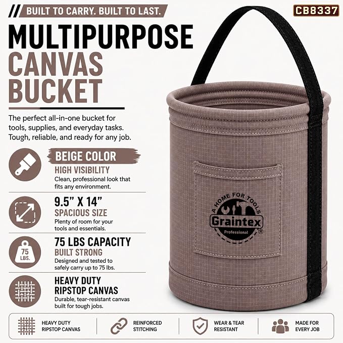 Graintex Canvas Utility Bucket 9.5"x14", Round Tool Bucket, Reinforced Base & Carry Handle, Ripstop Canvas, Ideal Multi-Purpose Bag for Jobsite, Gardening, Home Use, Tool Storage - Beige