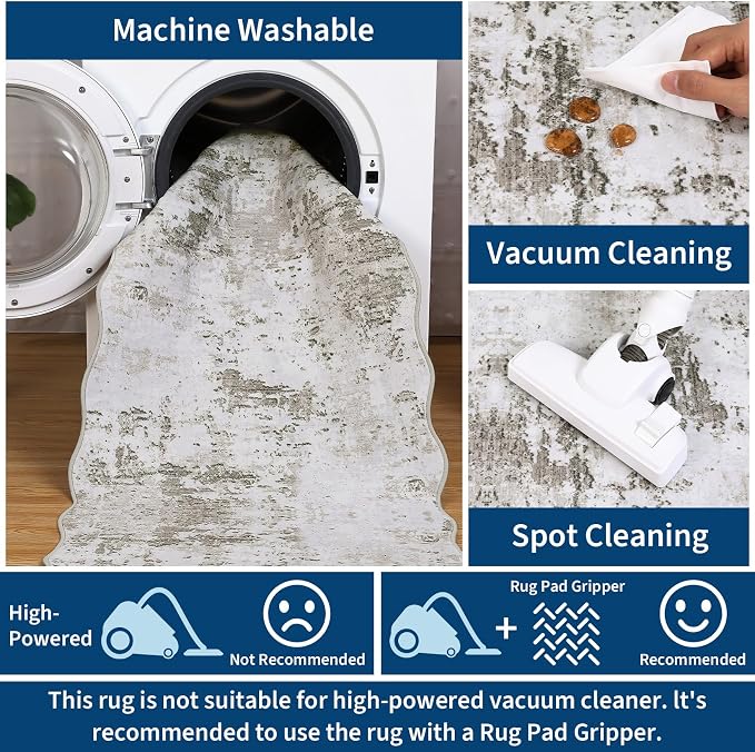 ROYHOME 9x12 Modern Abstract Scalloped Accent Rug, Taupe | Non Slip Stain Resistant Throw Rug Low Pile Machine Washable Indoor Floor Cover for Living Room Bedroom Office Home Decor