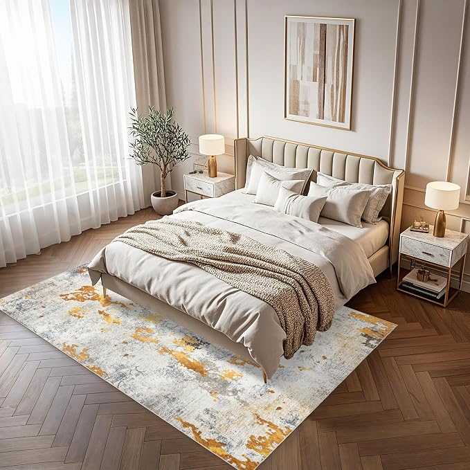 Washable 5x7 Area Rug: Modern Large Rugs for Living Room Dining Room Bedroom Office Indoor - Non-Slip Carpet Home Decor - 5x7 Orange Gold Grey