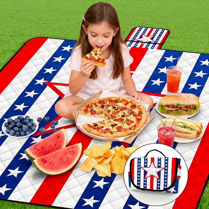 Poedist Extra Large Picnic Blanket Waterproof,80"x 80"Foldable Machine Washable Beach Blanket,Outdoor Blanket for 6-8 Adults, for Indoor Crawling,Park Beach,Camping,Hiking,Family Travel(Patriotism)