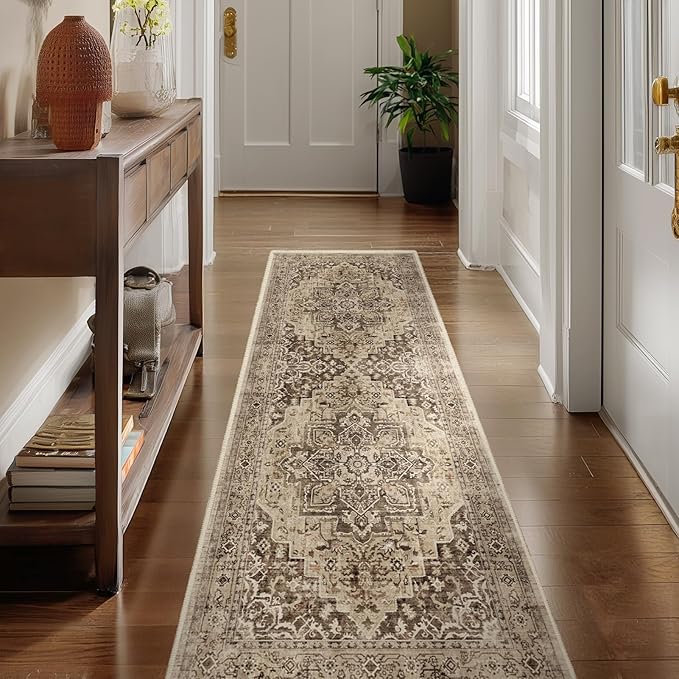Brown Taupe 2x6 Hallway Runner Rug, Carpet Runners 6ft for Kitchen Non Slip Washable, Farmhouse Distressed Floor Runner for Entryway Front Door, Vintage Medallion Rug Runner Bathroom Bedroom