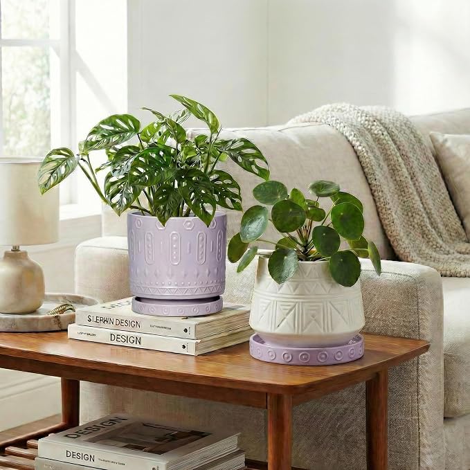 Eightpot Ceramic Plant Saucer 5.6 Inch, 2 Pack Plant Water Catcher Tray, Round Flower Pot Saucers for Indoor, Modern Plants Plates to Catch Water, Decorative Plants Dishes to Catch Water, Purple