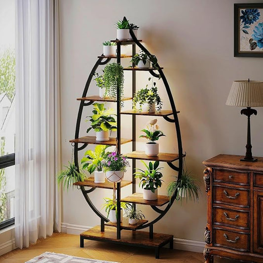 VINGLI Plant Stand Indoor with Grow Lights, 63" Tall 10-Tier Leaf-Shaped Metal Plant Shelf with 5 LED Light Strips, Large Tiered Indoor Plant Stands for Multiple Plants, Modern Decorative Plant Rack for Living Room Balcony, Black
