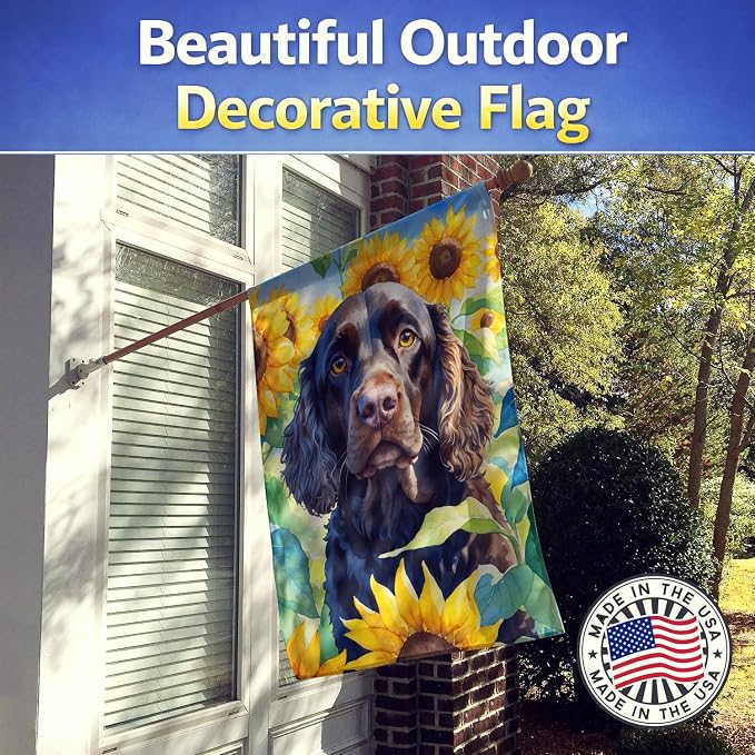 Caroline's Treasures DAC6011CHF American Water Spaniel in Sunflowers House Flag Large Porch Sleeve Pole Decorative Outside Yard Banner Artwork Wall Hanging, Polyester, House Size, Multicolor