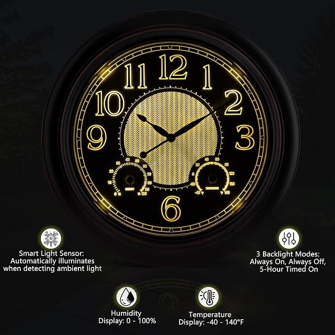 18 Inch Large Illuminated Outdoor Wall Clock, Waterproof Wall Clock with Smart Night Light Sensor, Lighted Large Wall Clock with Thermometer & Hygrometer for Patio Pool Porch Garden & Home Decor