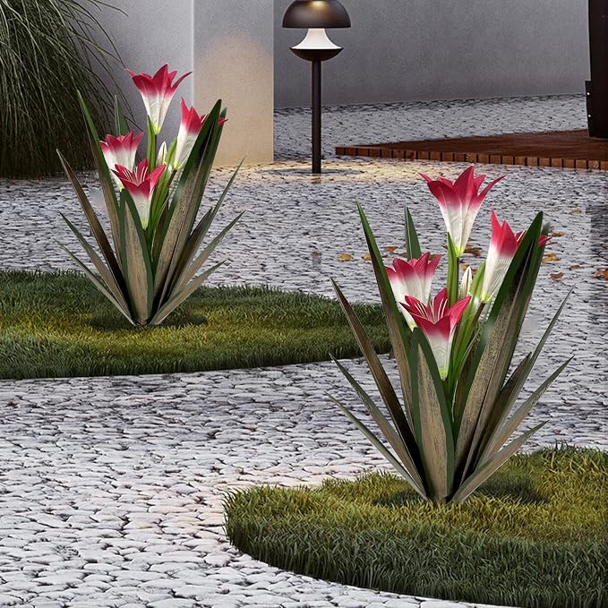 Homight Metal Agave Plant Outdoor Decoration Lily Mexican Yard Art Garden Gift Home Decor Hand Painted Metal Agave Garden Yard Statue, Outdoor Lawn Ornaments (2 Big Red Lilies)