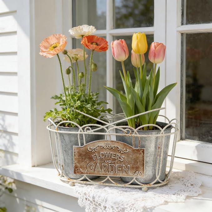 Vintage White Iron Planter Basket with 2 Metal Flower Pots - Rustic Farmhouse Plant Holder for Indoor Outdoor Balcony, Window Sill, Tabletop Decor (White#4)