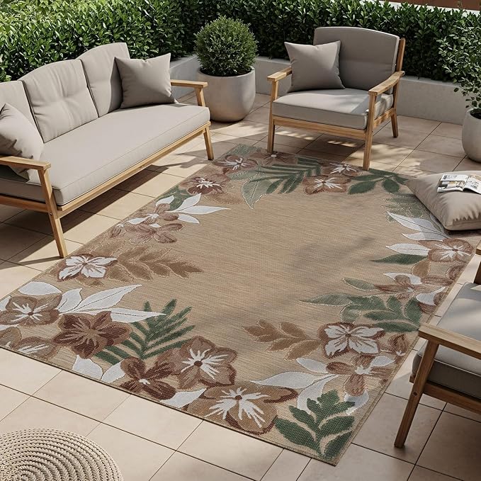 Outdoor Rug 10x14 Washable Area Rugs Indoor Outdoor Carpets Beige Border Floral Non Shedding Waterproof Easy Clean Patio Deck Porch Living Room Bedroom Garden RV (10 X 14 Beige)