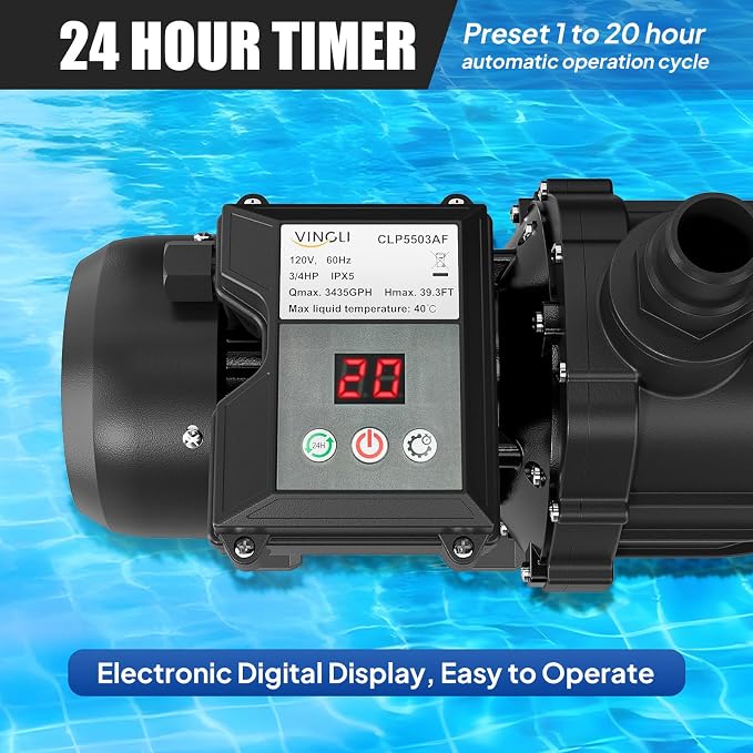 VINGLI 3/4 HP 3435 GPH Pool Pump, 110V Single Speed Self Priming Swimming Pool Pump, Powerful Copper Motor Water Circulation Pump with Filter Basket for Above Ground Pools Spas, US Plug