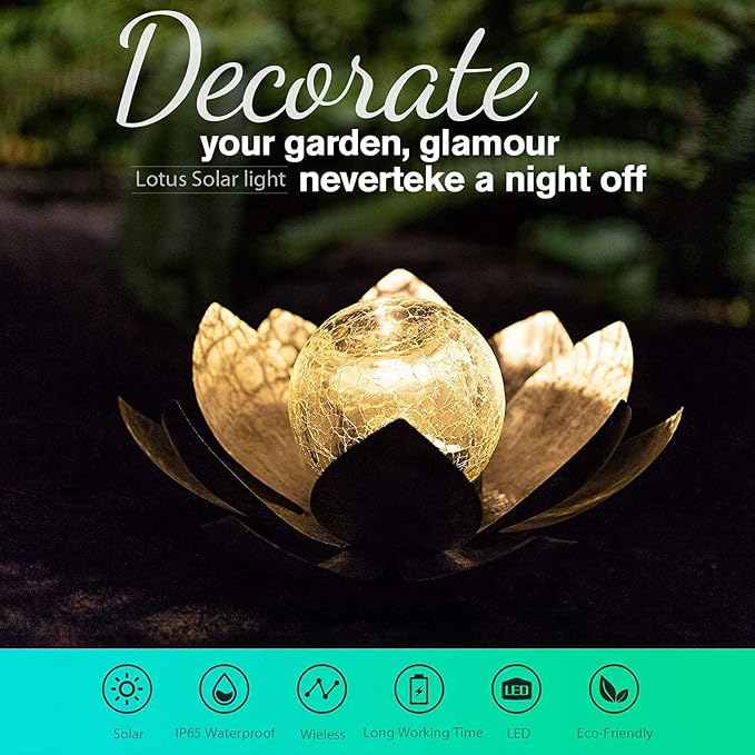 AIINY Garden Solar Light Outdoor(2Pack), Amber Crackle Globe Glass Lotus Decoration, Waterproof Gary Metal LED Flower Lights for Patio,Lawn,Walkway,Tabletop, Garden Gifts for Women