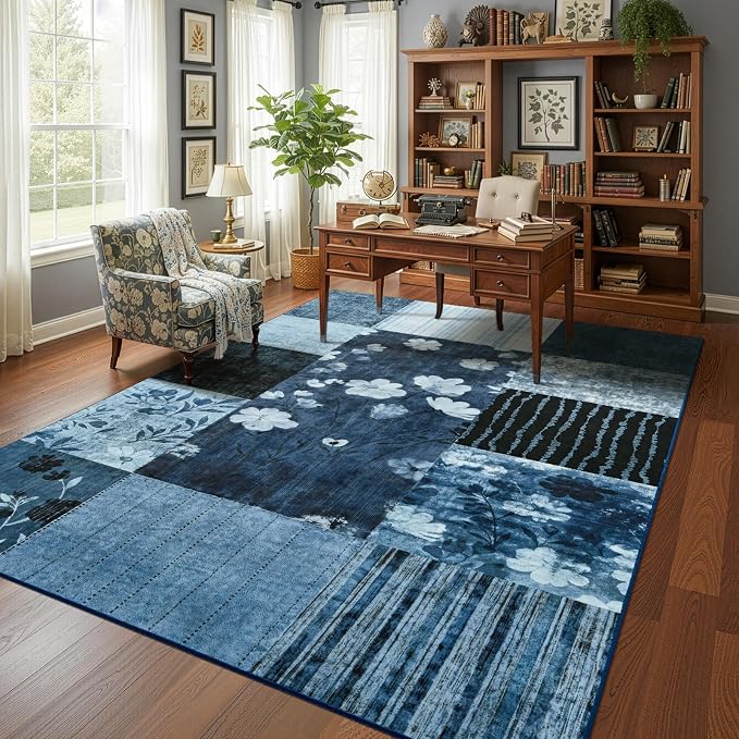 DweIke Floral Rugs for Living Room, 8x10 Washable Area Rug for Dining Room Farmhouse Office Bedroom Decor, Geometric Patchwork Stain Resistant Low Pile Indoor Floor Throw Rugs, Navy Blue