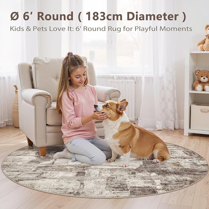 kakania Abstract 6x6 Round Rugs for Living Room: Circle Rugs 6FT Brown | Washable, Soft, Non-Slip, Low-Pile, Pet & Kid Friendly - Modern Home Decor Carpet for Bedroom/Dining Room/Nursery