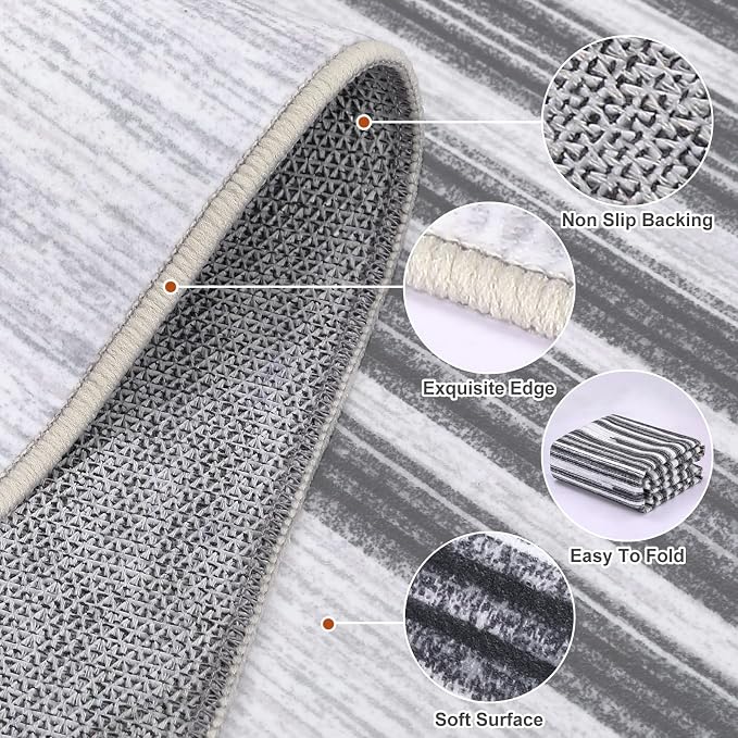 GarveeHome 8x10 Washable Living Room Rug Modern Striped Non Slip Carpet | Foldable Low Pile Area Rug for Home Office Bedroom Dining Room Geometric Stain Resistant Rugs, Black Grey