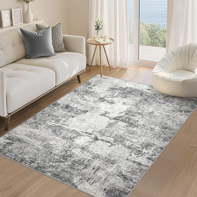 DMOYEST 4x6 Area Rug for Living Room Washable Abstract Indoor Carpet | Neutral Modern Low Pile Rugs Kid & Pet Friendly Soft Thin Carpet for Bedroom Dining Room and Office - Grey