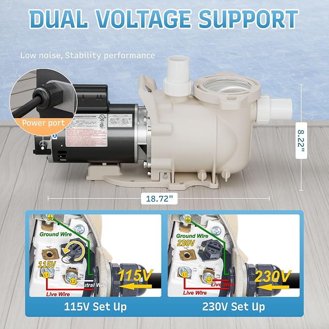 1HP Pool Pump, 115/208-230V Pool Pump Inground, 5785GPH, In/Above Ground Pool Pumps, Low Nosie, Powerful Self Primming Swimming Pool Pump with 2"/1.5" Fittings - 2 Year Warranty
