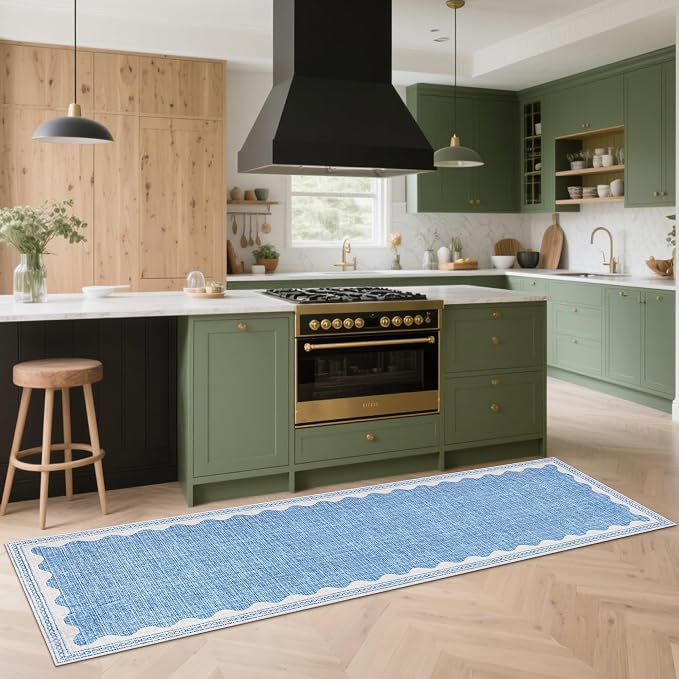 GarveeHome 2x6 Runner Rug for Hallway Washable Kitchen Rugs Non Slip Solid Blue Modern Minimalism Soft Low-Pile Scalloped Indoor Carpet for Entryway Laundry Room Floor Mats
