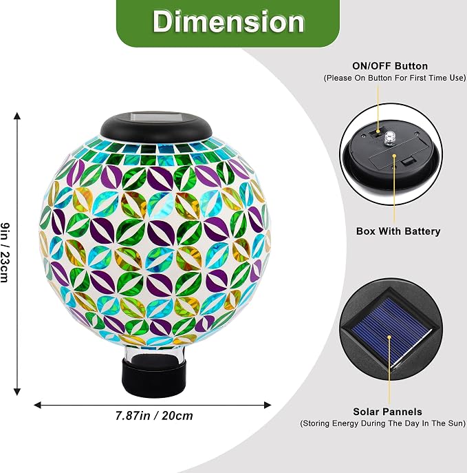 SAVENNA Mosaic Solar Gazing Ball 8 Inch,Glass Garden Globe with Auto On/Off for Yard, Lawn & Outdoor Decor,Multicolor