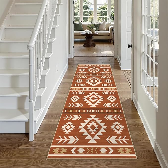 Western Runner Rug 2x6 for Hallway Kitchen Bedroom, Southwestern Aztec Tribal Runner Rugs Southwest Navajo Machine Washable Rug Non-Slip Printed Low-Pile Floor Carpet Mat for Living Room, Yellow Brown
