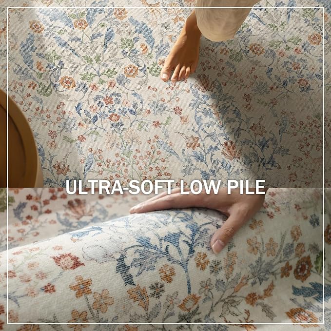 Washable Area Rugs for Living Room: 5x7 Bedroom Rug Vintage Area Rug Stain Resistant Non Slip Low Pile Lightweight Soft Carpets for Dining Room Kitchen Nursery Kids Room Farmhouse Indoor