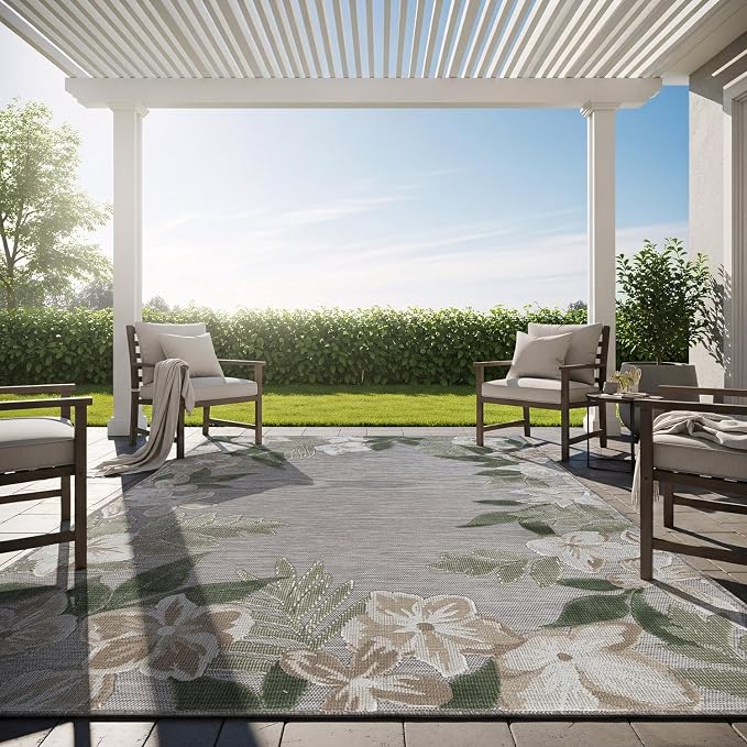 Outdoor Rug 9x12 Washable Area Rugs Indoor Outdoor Carpets Green Border Floral Non Shedding Waterproof Easy Clean Patio Deck Porch Living Room Bedroom Garden RV (9 X 12 Green)