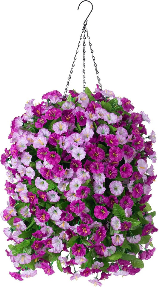 INXUGAO Artificial Flowers with Hanging Basket, Outdoor Faux Plants Silk Morning Glory Vines, Fake Green Arrangement for Garden Patio Spring Summer Decor(4pcs,Darkorchid)