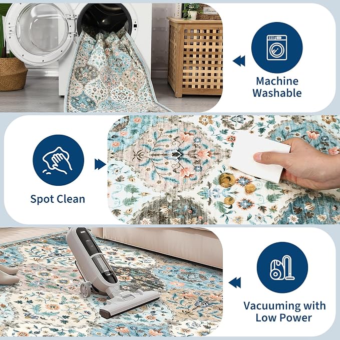 ROYHOME Runner Rug Trellis Washable Hallway Runner Rug 2' x 6' | Stain Resistant Non-Slip Distressed Floral Runner Entrance Carpet for Bedroom Laundry Kitchen Entryway, Blue/Taupe