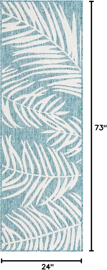 Unique Loom Outdoor Botanical Collection Area Rug - Palm (2' x 6' 1" Runner, Light Aqua/ Ivory)