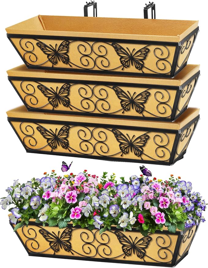 4 Pack 24 Inch Window Boxes Planters Railing Planter Box with Adjustable Brackets for Porch Fence Patio Balcony Hanging Flower Baskets with Woven Fabric for Outdoor Garden Decor - Black