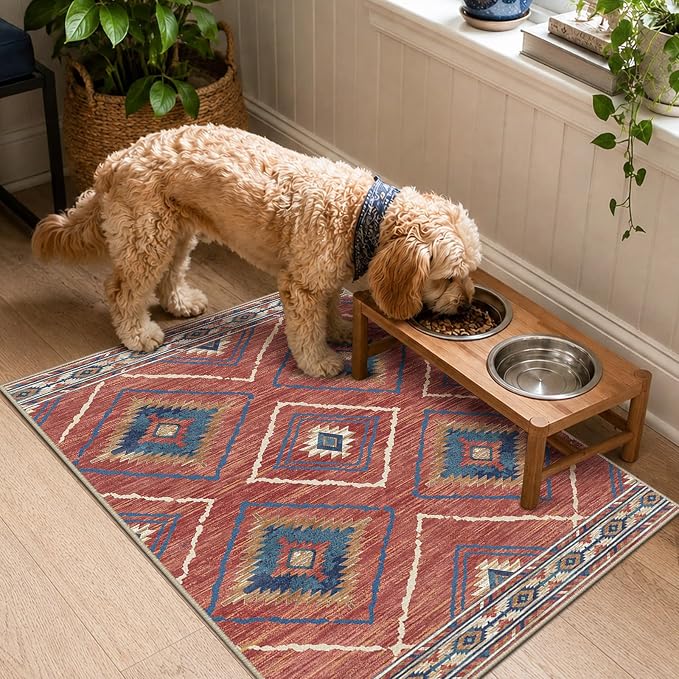 Area Rug 2x3 Rug Machine Washable Non-Slip Low Pile Print Pattern Western Rug for Living Room Bedroom Entryway Tribal Series -Red/Orange | Western No Slip Low Pile Print Foldable Indoor Small Rug for Kitchen entryway doormat