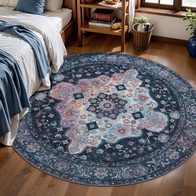 Tangsoo Washable Round Area Rugs 5ft, Vintage Non Slip Circle Rug Navy | Oriental Soft Low Pile Circular Rugs, Boho Round Carpet for Living Room Bedroom Dining Room Nursery Office Home Decor