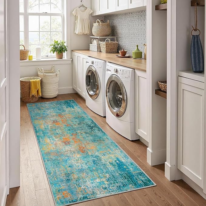 RELEANY Washable Runner 2'x8' Abstract Area Rug for Hallway Teal Multi | Carpet for Kitchen, Entryway, Bathroom, Living Room, Bedroom, Printed Pattern, Non‑Slip, Soft, Stain‑Resistant, Easy to Clean