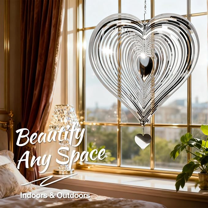Wind Spinner 12-Inch Outdoor Decoration Gift for Mom | Hanging Yard Art, Garden Decoration for Outdoor and Indoor, Gift for Grandma and Women, 3D Heart, Stainless Steel, 2 Pack