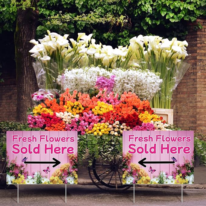 Pinkunn 3 Pack 16 x 12 Inch Fresh Flowers Sold Here Yard Signs with Stakes Double Sided Weatherproof Garden Signs for Shops, Markets Events